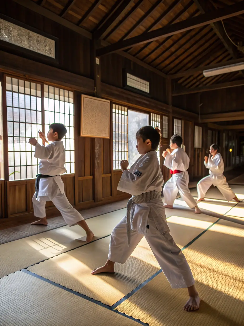 A kendo class with participants wearing traditional kendo armor and using bamboo swords, practicing strikes and forms at Judo Club de Cagnes.