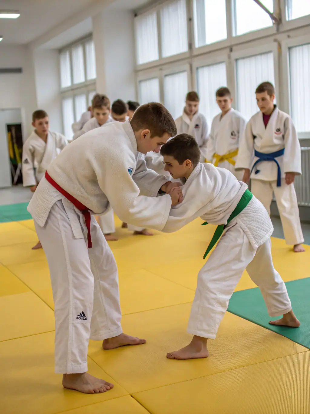 Teenagers in judo uniforms sparring under the supervision of a coach at Judo Club de Cagnes, showcasing dynamic movement and technique.