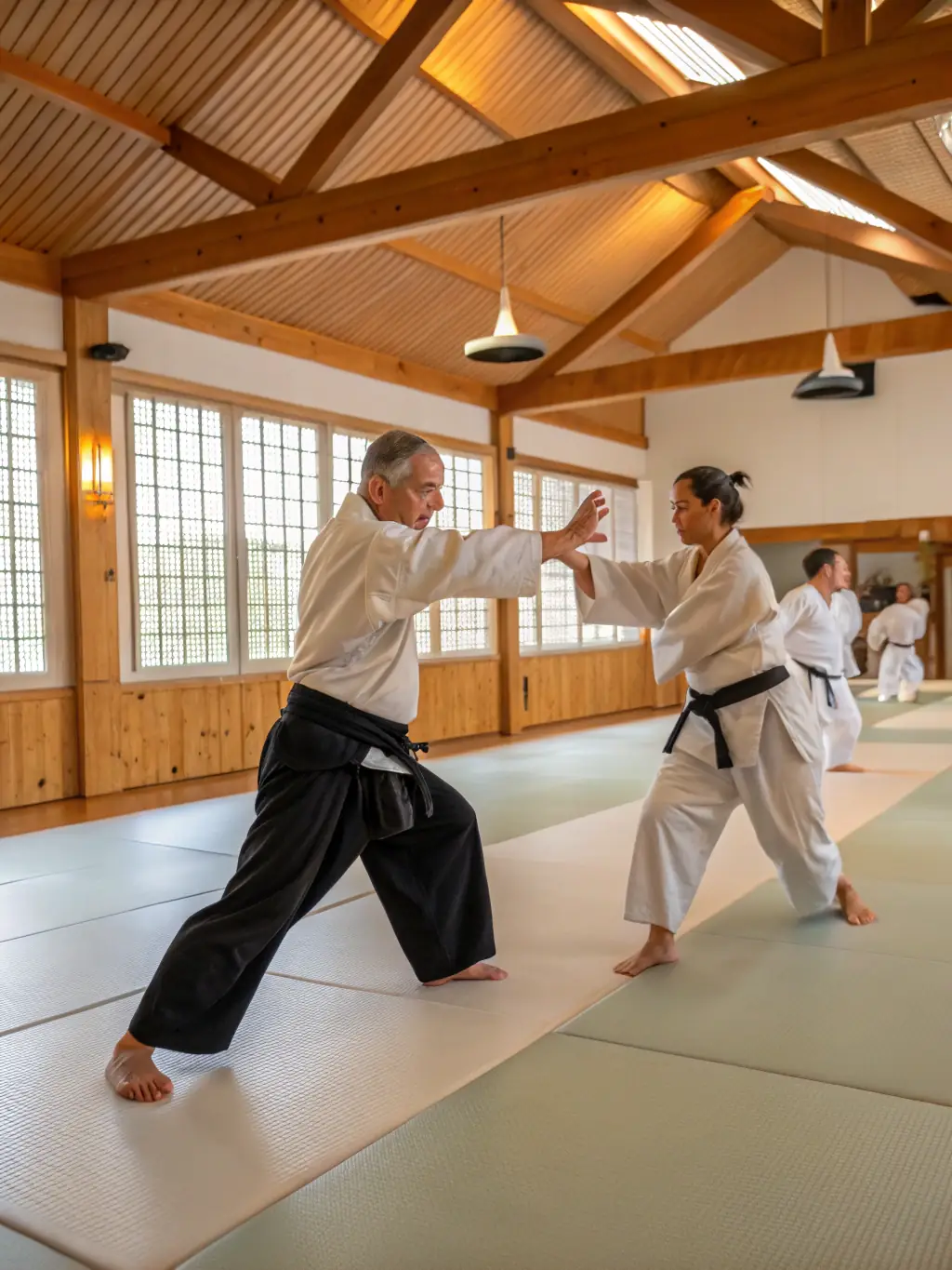 Adults in a jujitsu class practicing self-defense techniques with a qualified instructor at Judo Club de Cagnes.