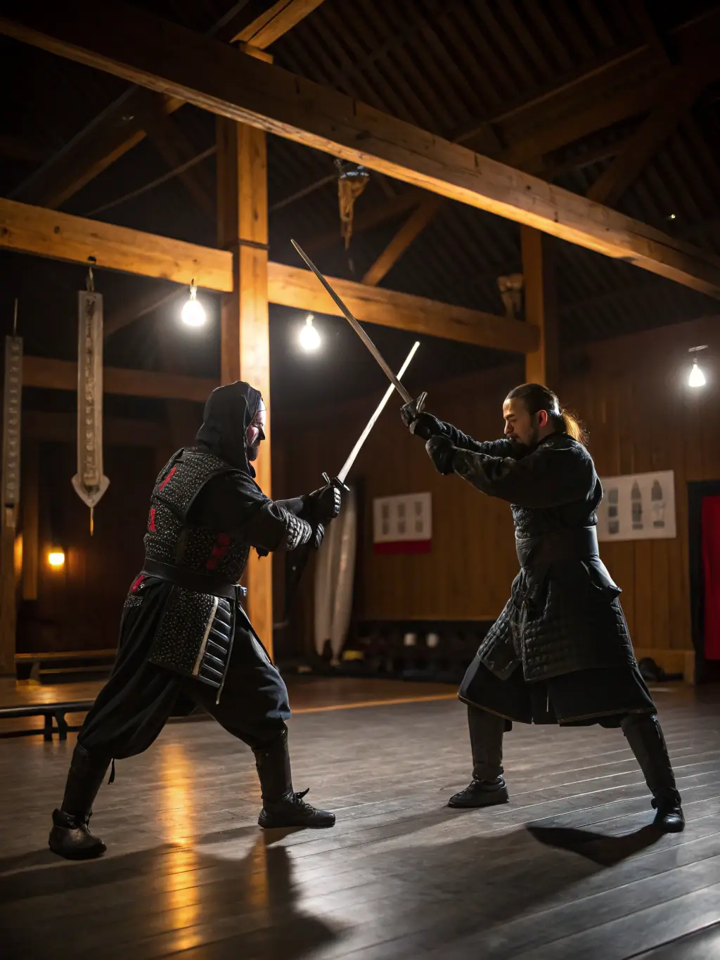 A serene photo of kendo practitioners in traditional attire, showcasing the elegance and precision of the art during a practice session at the Judo Club de Cagnes.
