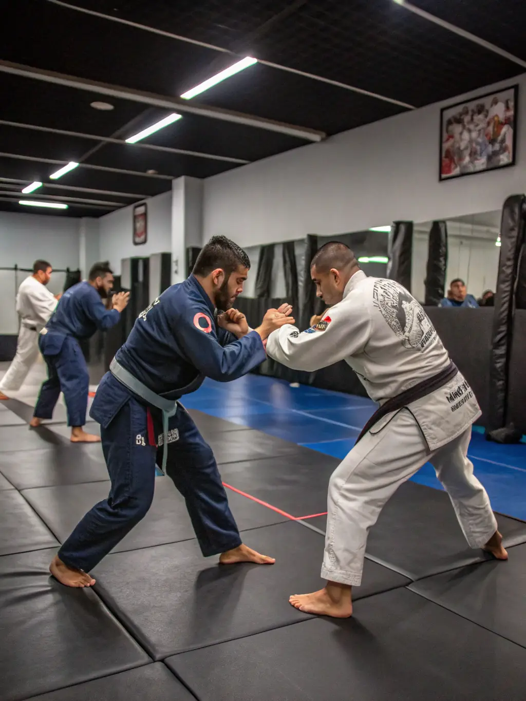 A focused image of adults practicing jujitsu techniques, emphasizing the self-defense aspects and the intensity of the training at the Judo Club de Cagnes.