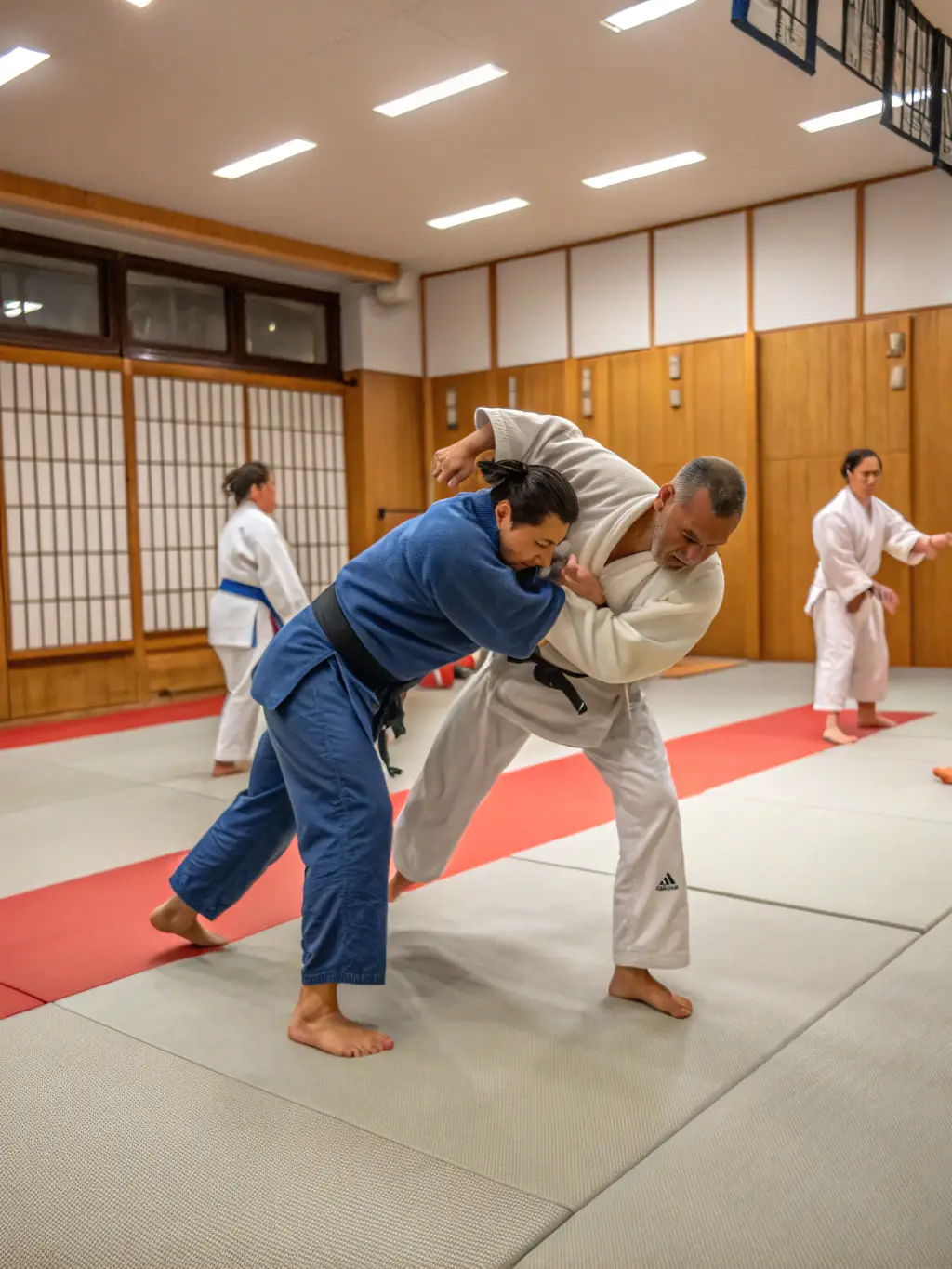 A diverse group of children and adults practicing judo together in a bright dojo, showcasing the club's inclusive environment and community spirit.