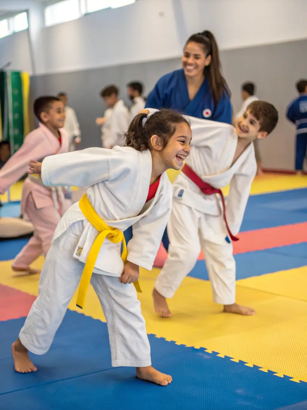 A group of children in white judo uniforms practicing a basic judo stance under the guidance of an instructor at Judo Club de Cagnes.