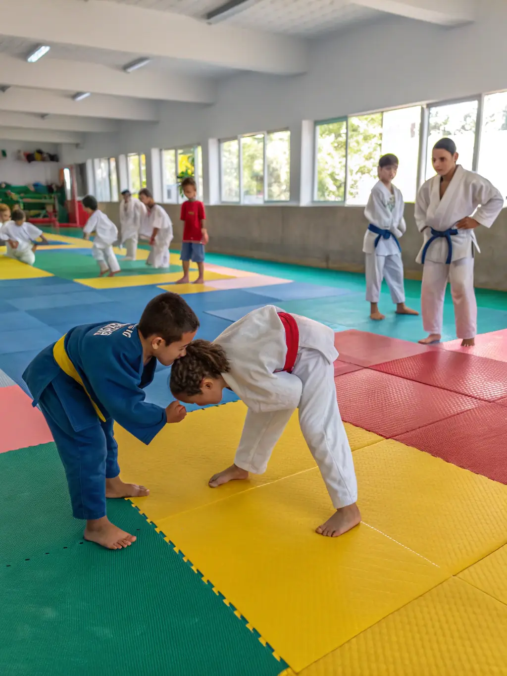 A dynamic photo of children practicing judo, focusing on their agility and coordination during a training session at the Judo Club de Cagnes.